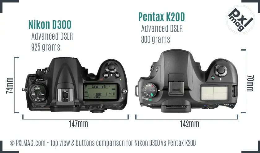 Nikon D300 vs Pentax K20D top view buttons comparison