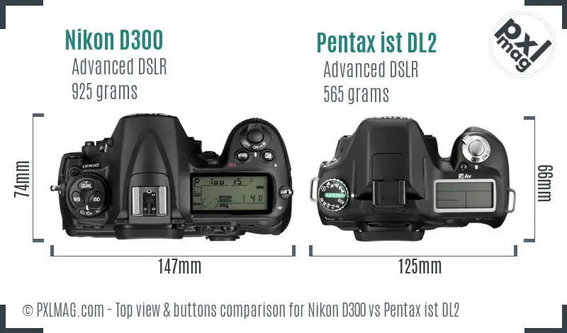 Nikon D300 vs Pentax ist DL2 top view buttons comparison