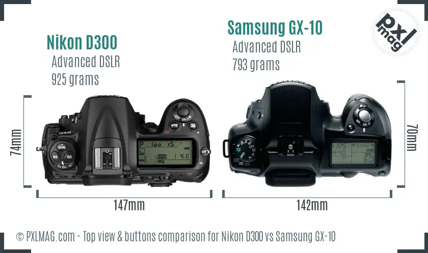 Nikon D300 vs Samsung GX-10 top view buttons comparison