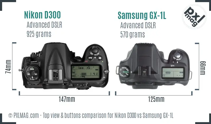Nikon D300 vs Samsung GX-1L top view buttons comparison
