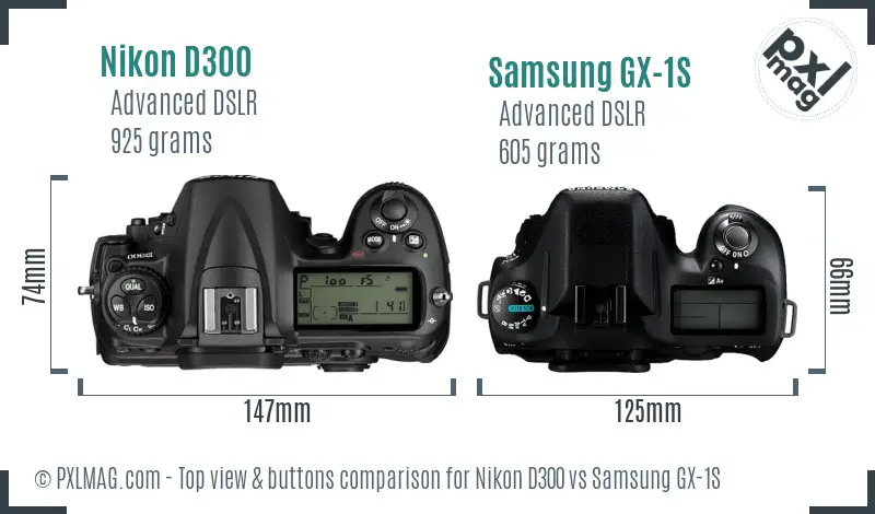 Nikon D300 vs Samsung GX-1S top view buttons comparison