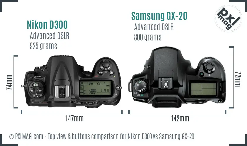 Nikon D300 vs Samsung GX-20 top view buttons comparison