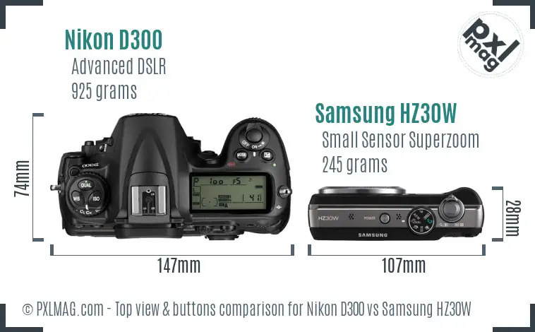 Nikon D300 vs Samsung HZ30W top view buttons comparison