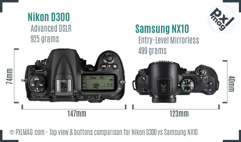 Nikon D300 vs Samsung NX10 top view buttons comparison Nikon D300 vs Samsung NX10 top view buttons comparison
