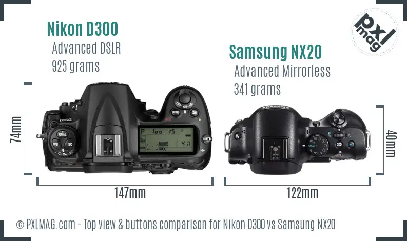 Nikon D300 vs Samsung NX20 top view buttons comparison