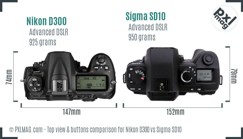 Nikon D300 vs Sigma SD10 top view buttons comparison