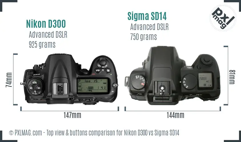 Nikon D300 vs Sigma SD14 top view buttons comparison