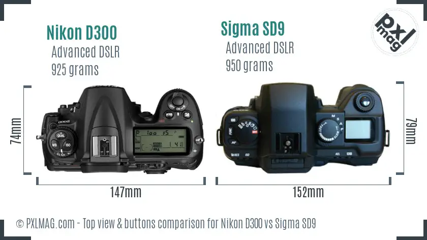Nikon D300 vs Sigma SD9 top view buttons comparison