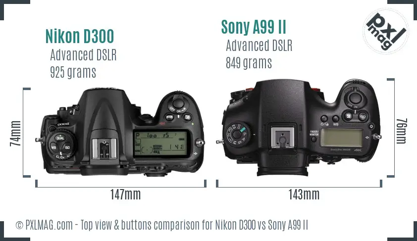 Nikon D300 vs Sony A99 II top view buttons comparison