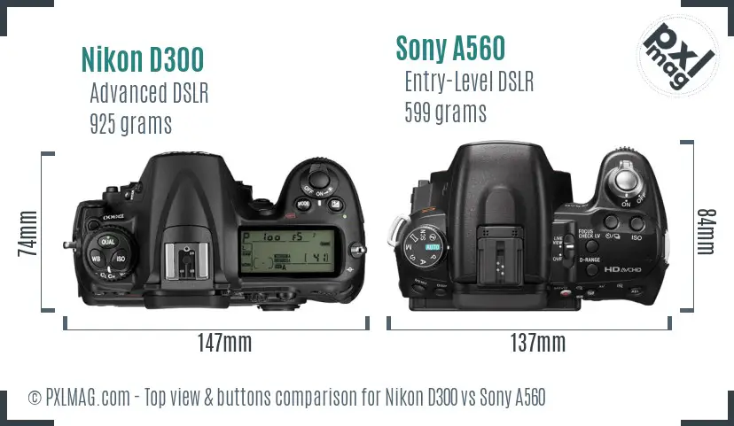 Nikon D300 vs Sony A560 top view buttons comparison