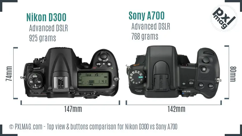 Nikon D300 vs Sony A700 top view buttons comparison