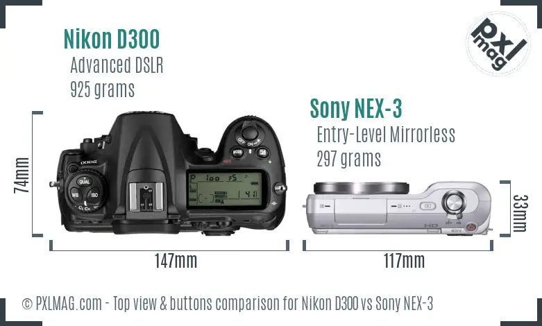 Nikon D300 vs Sony NEX-3 top view buttons comparison