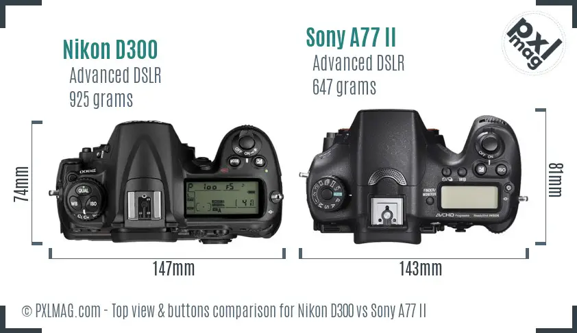 Nikon D300 vs Sony A77 II top view buttons comparison