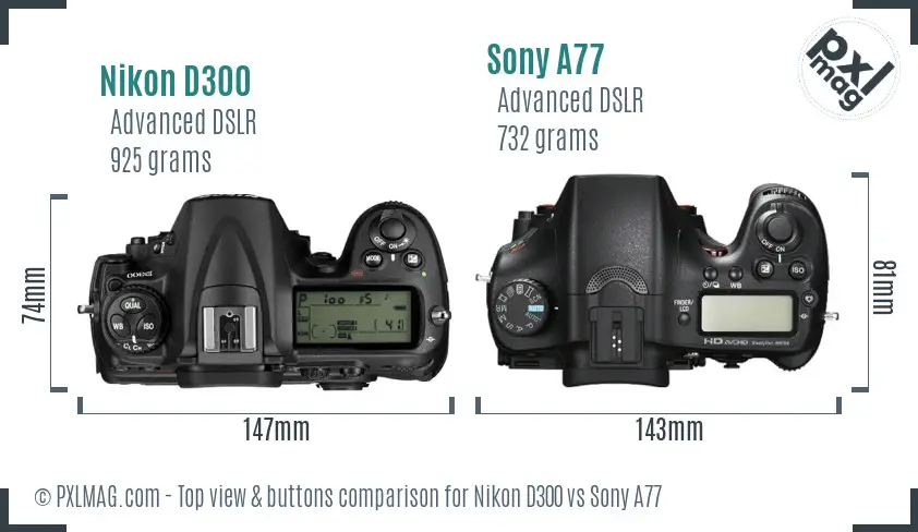 Nikon D300 vs Sony A77 top view buttons comparison
