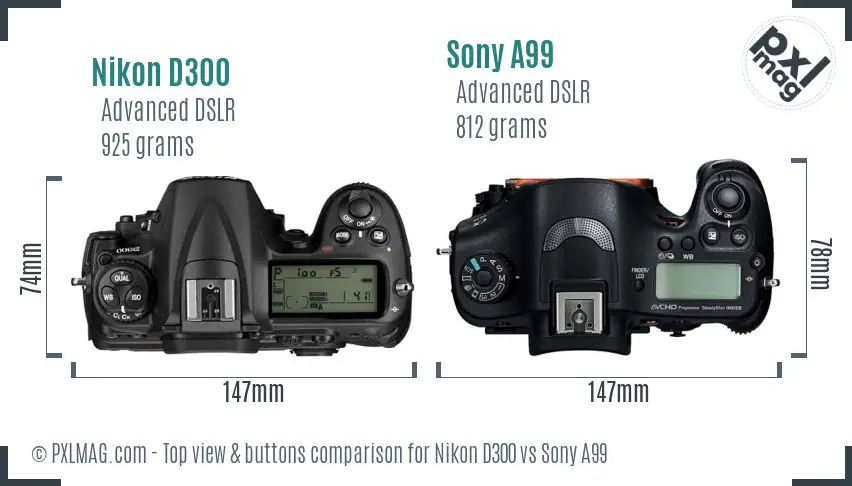 Nikon D300 vs Sony A99 top view buttons comparison