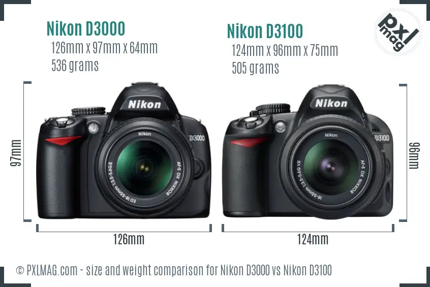 Nikon D3000 vs Nikon D3100 size comparison