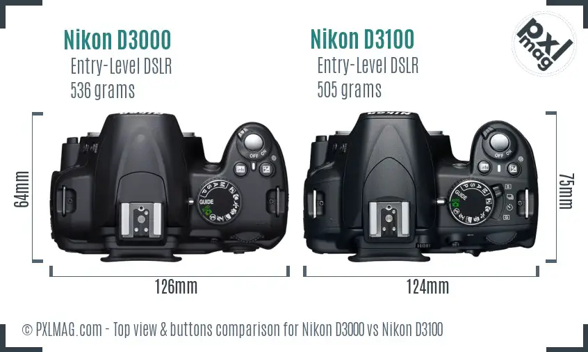Nikon D3000 vs Nikon D3100 top view buttons comparison