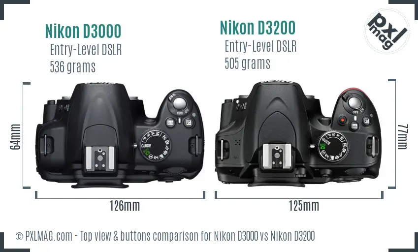 Nikon D3000 vs Nikon D3200 top view buttons comparison