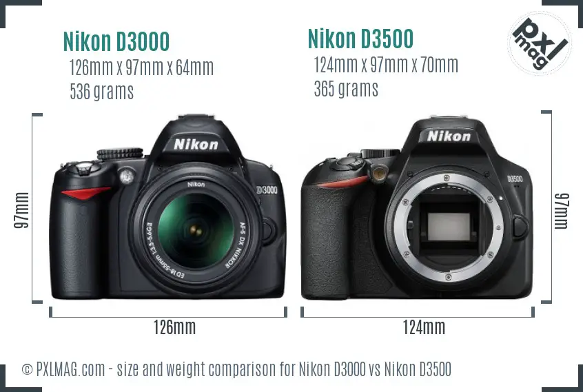 Nikon D3000 vs Nikon D3500 size comparison