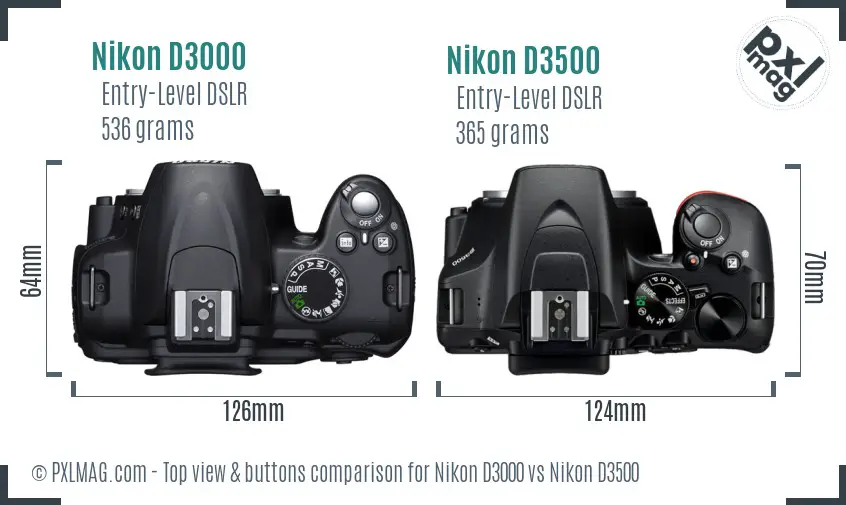 Nikon D3000 vs Nikon D3500 top view buttons comparison