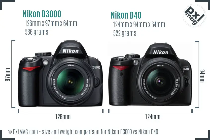 Nikon D3000 vs Nikon D40 size comparison