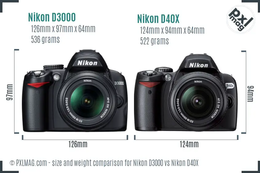 Nikon D3000 vs Nikon D40X size comparison