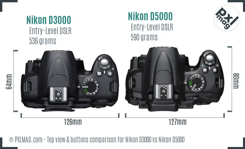 Nikon D3000 vs Nikon D5000 top view buttons comparison