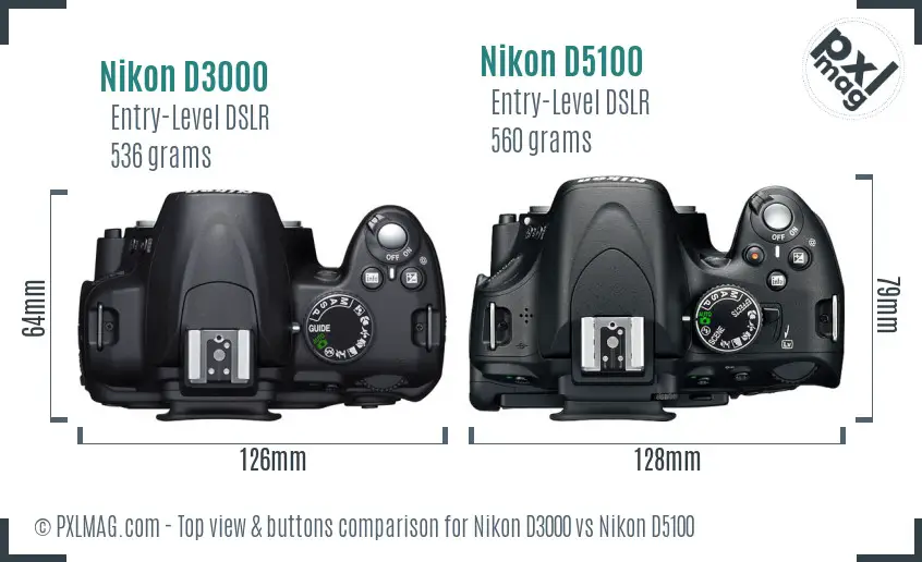 Nikon D3000 vs Nikon D5100 top view buttons comparison