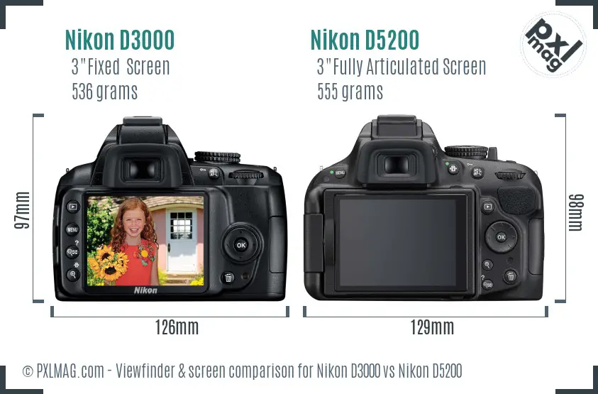 Nikon D3000 vs Nikon D5200 Screen and Viewfinder comparison