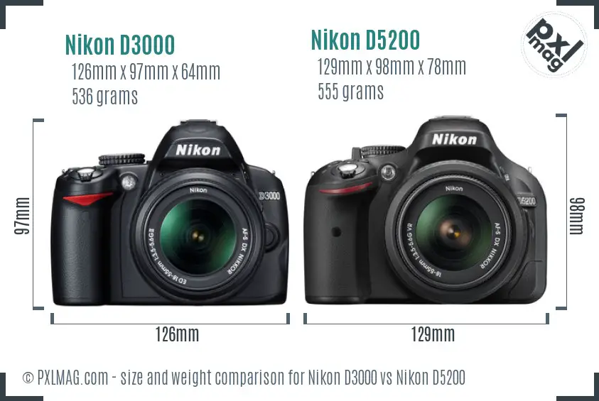 Nikon D3000 vs Nikon D5200 size comparison