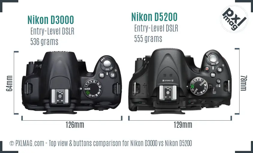 Nikon D3000 vs Nikon D5200 top view buttons comparison