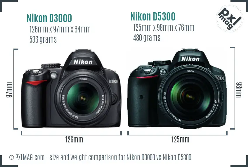 Nikon D3000 vs Nikon D5300 size comparison