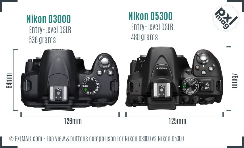 Nikon D3000 vs Nikon D5300 top view buttons comparison