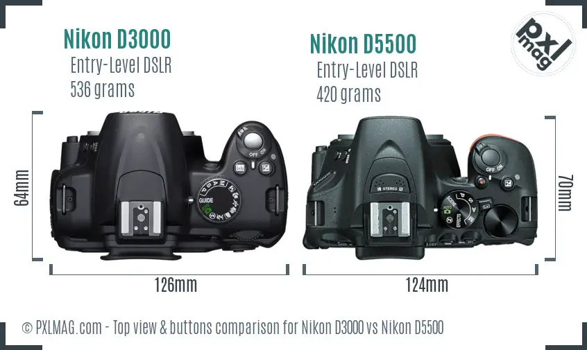 Nikon D3000 vs Nikon D5500 top view buttons comparison