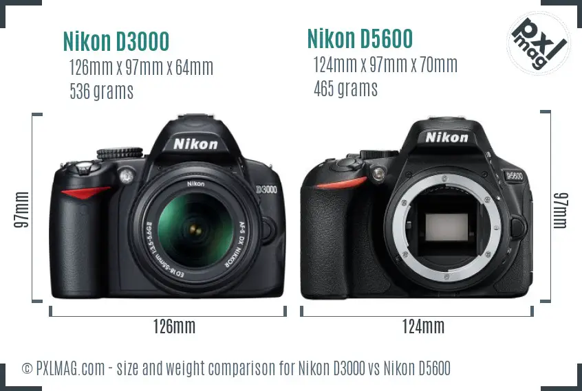Nikon D3000 vs Nikon D5600 size comparison