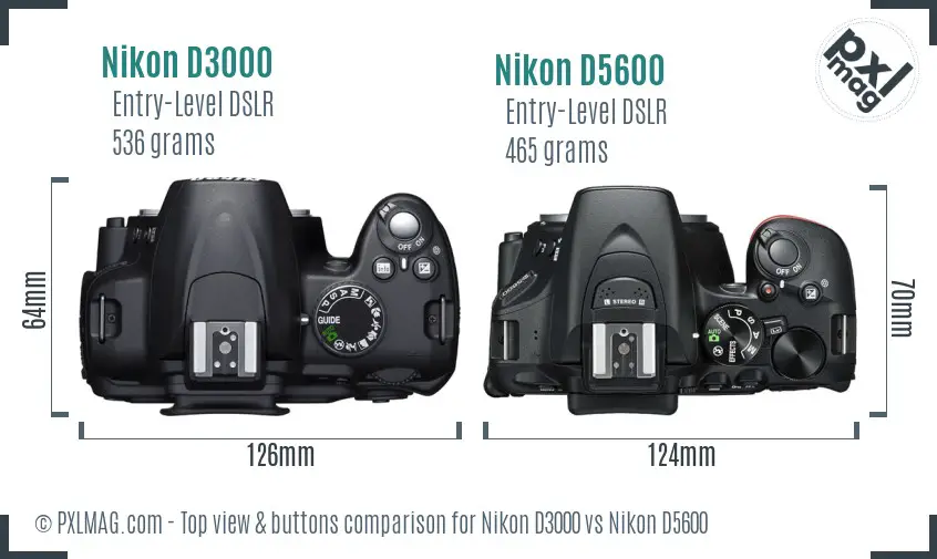Nikon D3000 vs Nikon D5600 top view buttons comparison