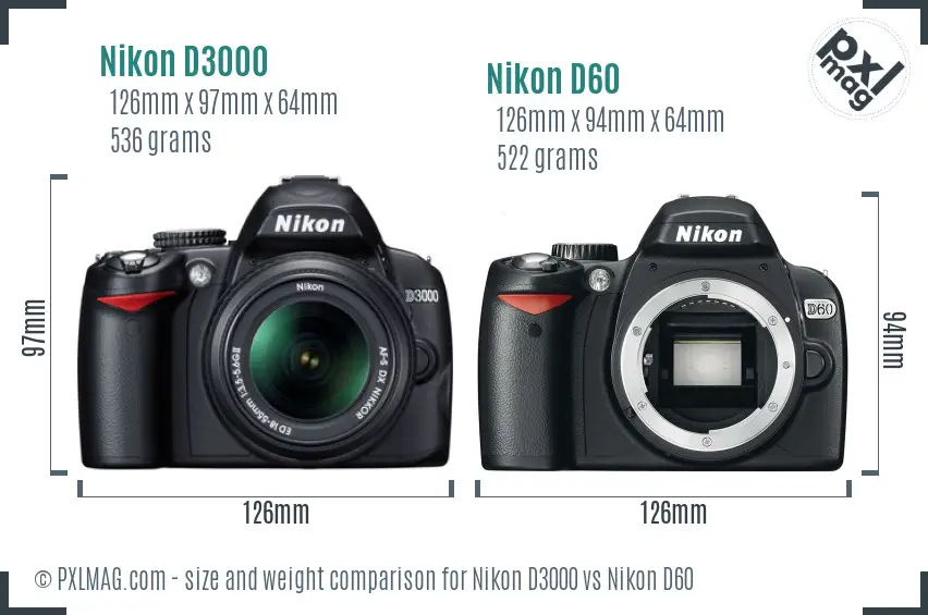Nikon D3000 vs Nikon D60 size comparison