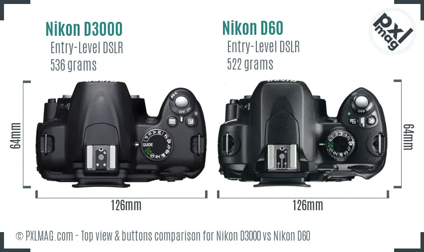 Nikon D3000 vs Nikon D60 top view buttons comparison