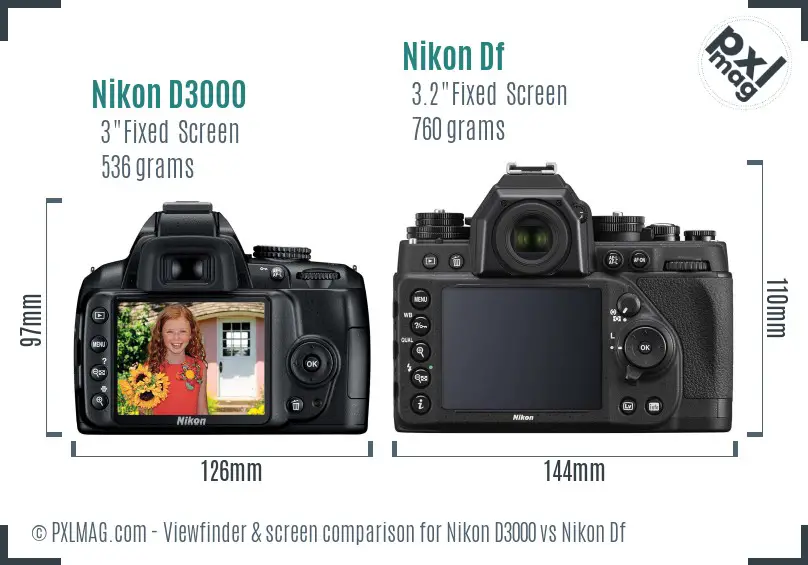Nikon D3000 vs Nikon Df Screen and Viewfinder comparison