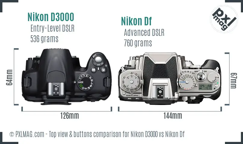 Nikon D3000 vs Nikon Df top view buttons comparison