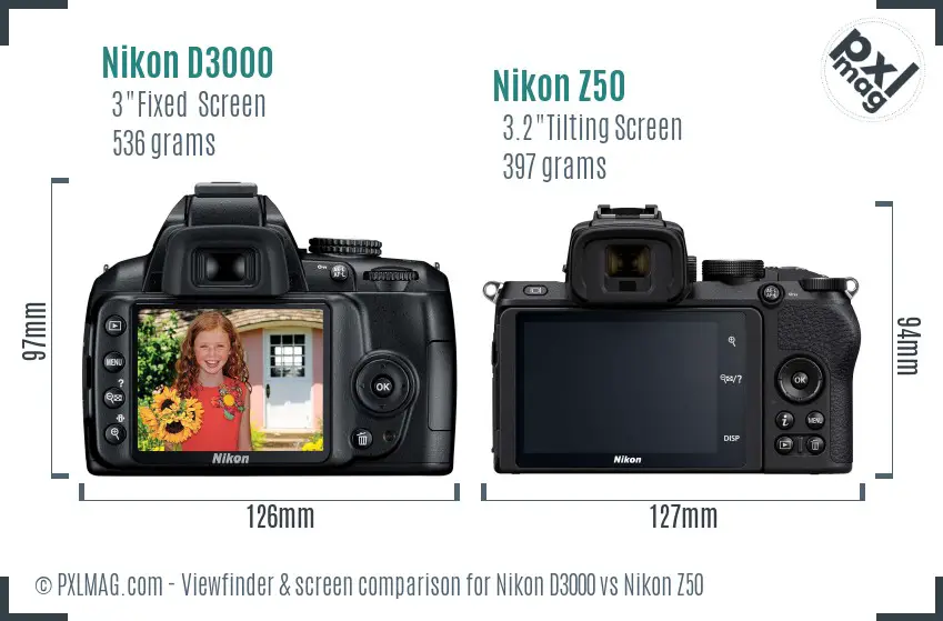 Nikon D3000 vs Nikon Z50 Screen and Viewfinder comparison