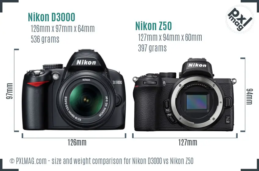Nikon D3000 vs Nikon Z50 size comparison