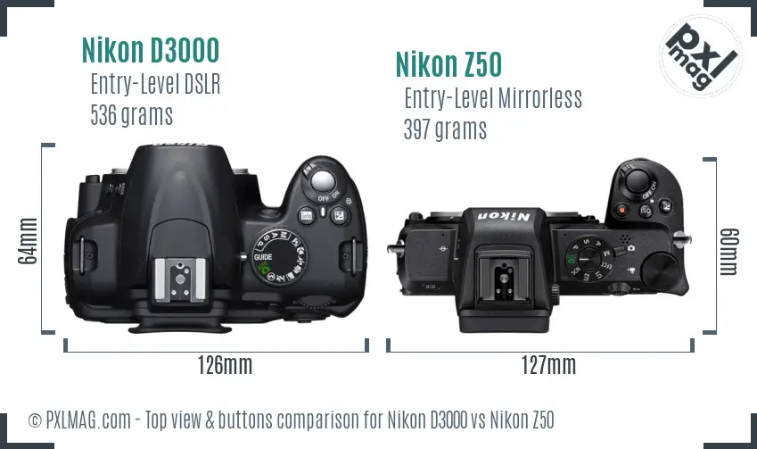 Nikon D3000 vs Nikon Z50 top view buttons comparison