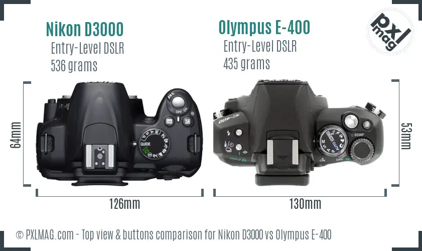 Nikon D3000 vs Olympus E-400 top view buttons comparison