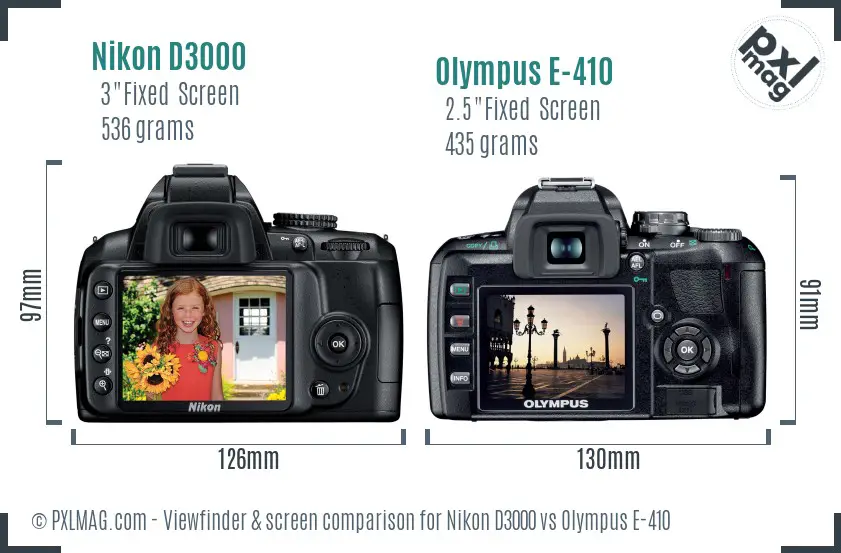 Nikon D3000 vs Olympus E-410 Screen and Viewfinder comparison