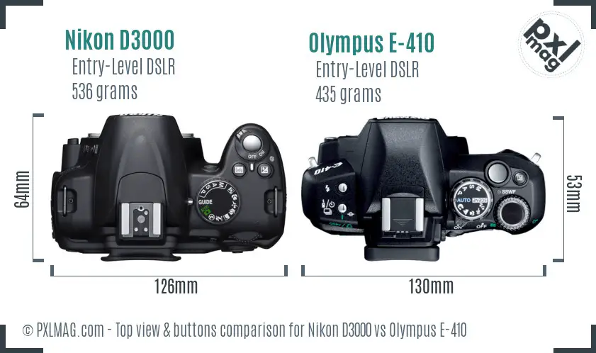 Nikon D3000 vs Olympus E-410 top view buttons comparison