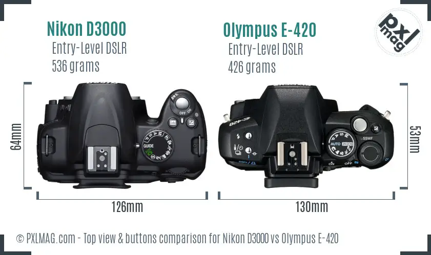 Nikon D3000 vs Olympus E-420 top view buttons comparison