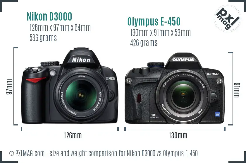 Nikon D3000 vs Olympus E-450 size comparison