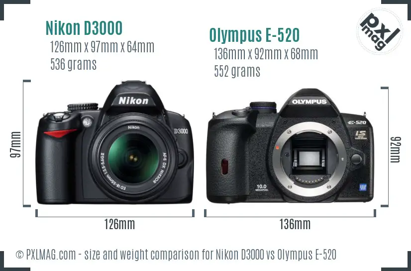 Nikon D3000 vs Olympus E-520 size comparison