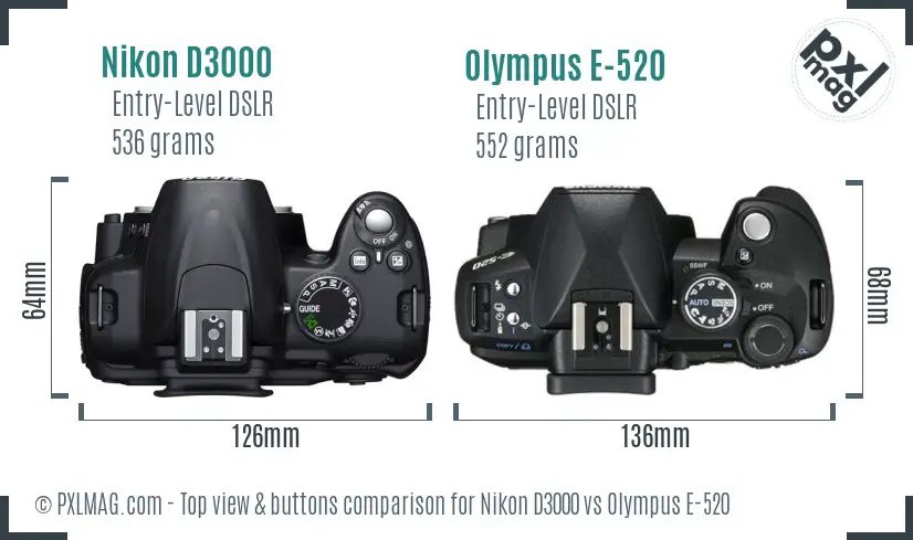 Nikon D3000 vs Olympus E-520 top view buttons comparison